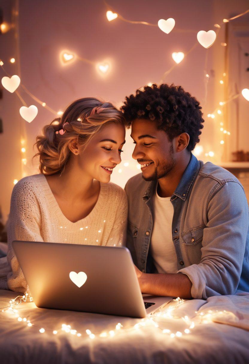 A warm, cozy depiction of a couple connecting through a laptop, with hearts and glowing chat bubbles around them, surrounded by soft fairy lights to evoke romance. The background features a blend of digital elements like social media icons and emoticons, symbolizing online relationships. The color palette should be soft pastels to convey warmth and affection. super-realistic. vibrant colors.