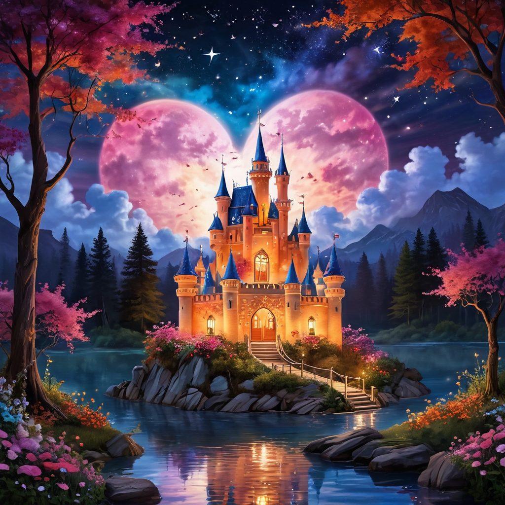 A mystical landscape depicting two lovers intertwined in a whimsical embrace under a starlit sky, surrounded by playful heart-shaped clouds and cascading flowers. The scene should radiate joy and passion, with vibrant colors and sparkling stars illuminating the night. Soft, dreamy elements like floating lanterns and delicate butterflies add to the romantic ambiance. Include a whimsical castle in the background to evoke a fairy tale atmosphere. vibrant colors. fantasy art. dreamy style.
