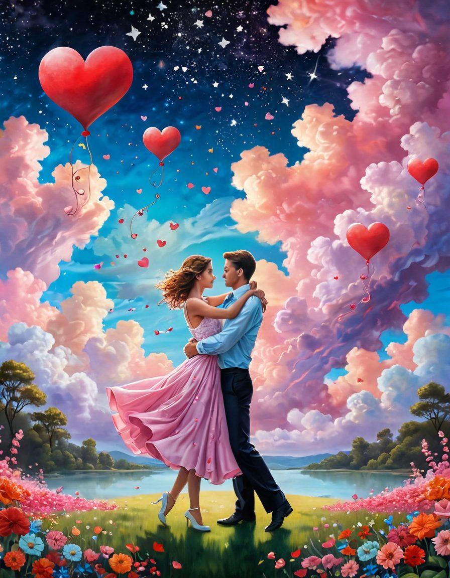 A dreamy, surreal landscape featuring a romantic couple dancing among vibrant, floating hearts and whimsical clouds. Include whimsical elements like oversized flowers and twinkling stars in the background, representing love and passion. The couple should be portrayed in an intimate embrace, surrounded by soft, pastel colors that evoke joy and tenderness. Capture the essence of ecstasy and wild ideas in the atmosphere. vibrant colors. surreal art.
